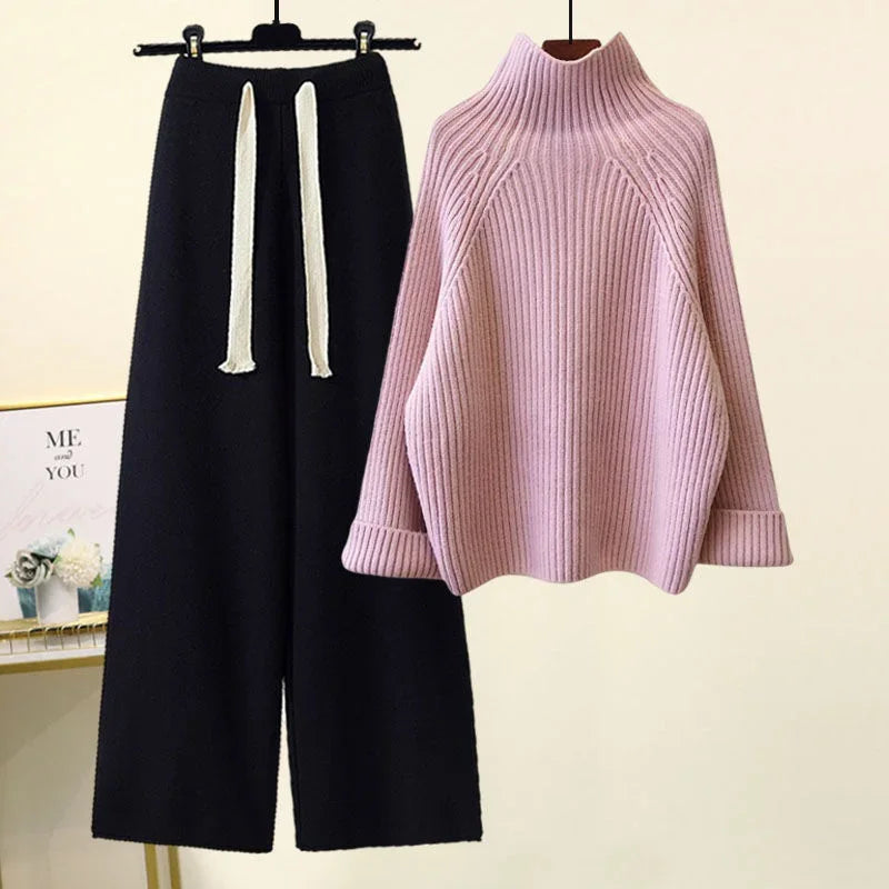 Winter Warm Knitted Suit Women Long Sleeve Half Turtleneck Knitting Sweater And Wide Leg Pants Sets Outer Wear Loose Set N437