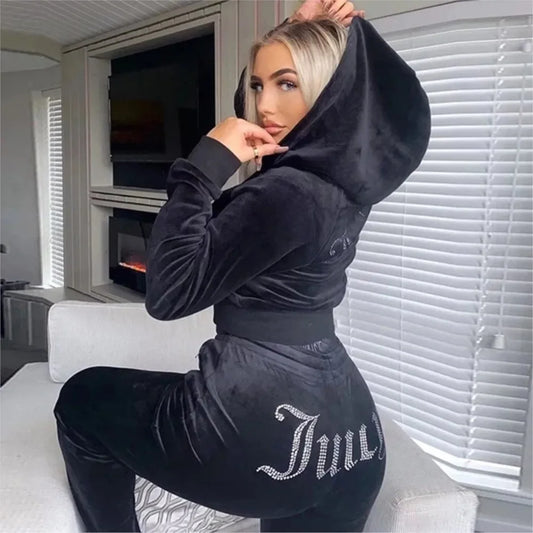 Women Fashion Vintage Two Piece Sets Tracksuit Casual Zipper Long Sleeve Hoodies Straight Pants Outfits New Velvet Sport Suit