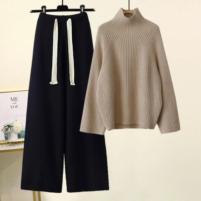 Winter Warm Knitted Suit Women Long Sleeve Half Turtleneck Knitting Sweater And Wide Leg Pants Sets Outer Wear Loose Set N437