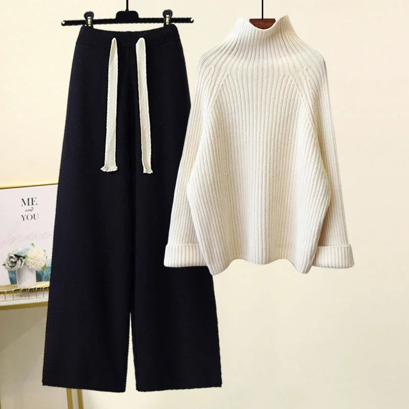 Winter Warm Knitted Suit Women Long Sleeve Half Turtleneck Knitting Sweater And Wide Leg Pants Sets Outer Wear Loose Set N437