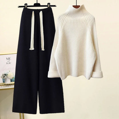 Winter Warm Knitted Suit Women Long Sleeve Half Turtleneck Knitting Sweater And Wide Leg Pants Sets Outer Wear Loose Set N437