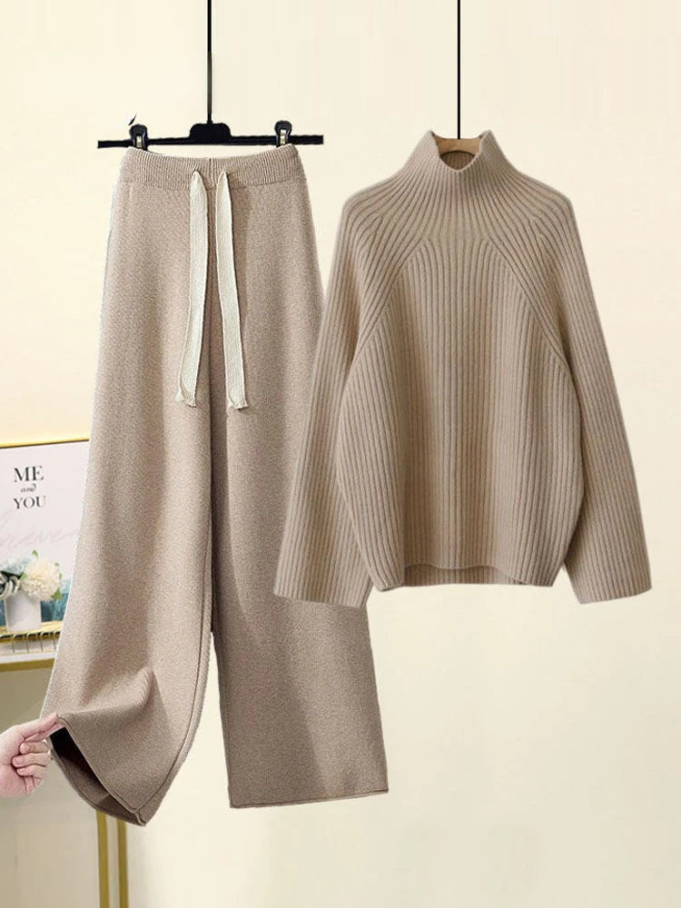 Winter Warm Knitted Suit Women Long Sleeve Half Turtleneck Knitting Sweater And Wide Leg Pants Sets Outer Wear Loose Set N437