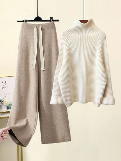 Winter Warm Knitted Suit Women Long Sleeve Half Turtleneck Knitting Sweater And Wide Leg Pants Sets Outer Wear Loose Set N437