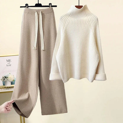 Winter Warm Knitted Suit Women Long Sleeve Half Turtleneck Knitting Sweater And Wide Leg Pants Sets Outer Wear Loose Set N437