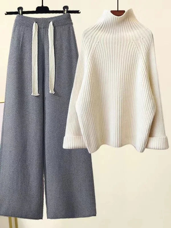 Winter Warm Knitted Suit Women Long Sleeve Half Turtleneck Knitting Sweater And Wide Leg Pants Sets Outer Wear Loose Set N437