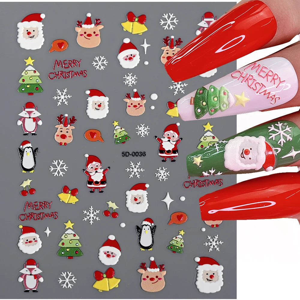 1PC 5D Embossed Christmas Nail Stickers