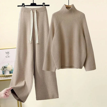 Winter Warm Knitted Suit Women Long Sleeve Half Turtleneck Knitting Sweater And Wide Leg Pants Sets Outer Wear Loose Set N437