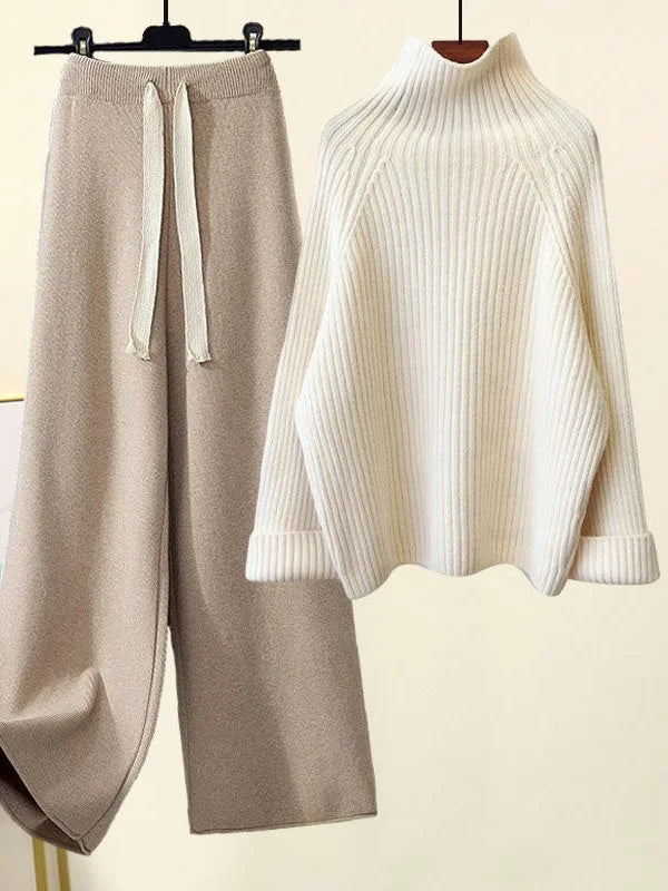 Winter Warm Knitted Suit Women Long Sleeve Half Turtleneck Knitting Sweater And Wide Leg Pants Sets Outer Wear Loose Set N437