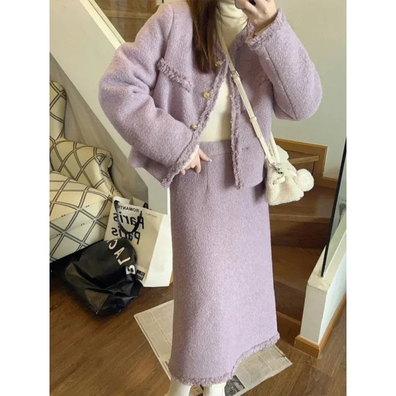 Autumn/Winter Purpletweed Style Two-Piece Set Women's Main Wear Korean Drama Inspired Fashionable Dress Outfits